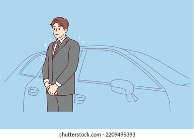 Car Driver In Suit Standing Near Car Waiting For Client. Chauffeur In Formalwear Working In Luxury Automobile Company. Good Quality Service. Vector Illustration. 