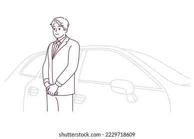 Car driver in suit standing near car waiting for client. Chauffeur in formalwear working in luxury automobile company. Good quality service. Vector illustration.