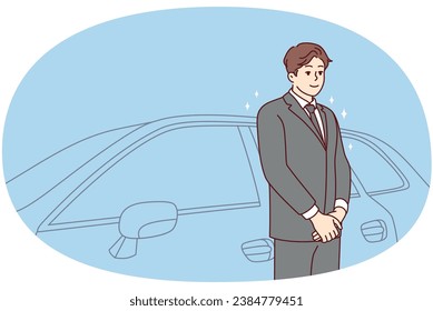 Car driver in suit standing near car waiting for client. Chauffeur in formalwear working in luxury automobile company. Good quality service. Vector illustration.