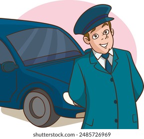 Conductor de coche en traje de pie junto al coche esperando al Cliente. Chofer en ropa formal trabajando en una empresa de autos de lujo. El servicio es de buena calidad. Ilustración vectorial.