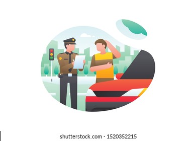 A Car Driver Was Ticketed By The Police For Violating Traffic Lights. Transportation Vector Illustration