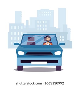 Car with driver at urban streets landscape backdrop, flat vector illustration isolated on white background. City transportation and modern vehicle concept.