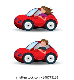 Car and driver vector illustration set.
Driver girl and driver boy in red car isolated on white background.