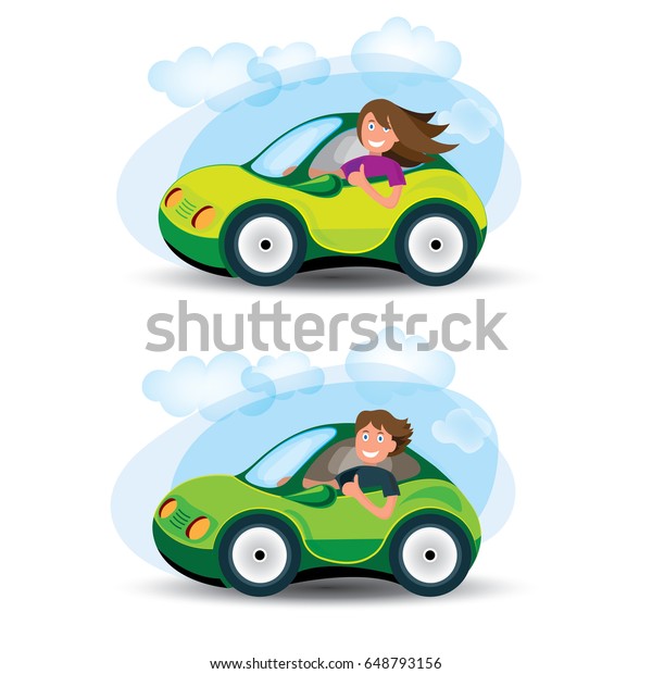 Car and\
driver vector illustration set.\
Driver girl and driver boy in\
green car with sky and clouds on\
background.