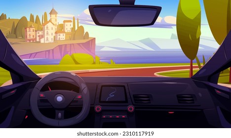 Autofahrer Blick auf die Stadt und die Berge am Meer. Vektorkartoon-Illustration mit Auto-Panel mit GPS-Navigationsanzeige, Lenkrad, schöne italienische Jahreszeit durch Windschutzscheibe, Sommerreisen