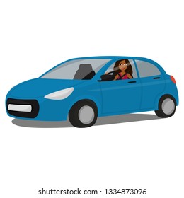 Car Driver. Woman Driving New Sedan. African Lady Driver. Blue Car Test Drive. Eps 10 Vector Illustration