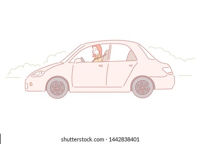 Car with driver woman. Hand drawn style vector design illustrations.