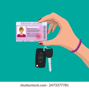 Car driver woman license identification card with photo and car key with alarm in hand. Driver license vehicle identity document. Stamp, barcode, plastic id card. Vector illustration in flat style