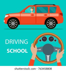 Car with driver woman side view. Driving school. Woman hands of a driver on steering wheel of a car. Vector flat illustration