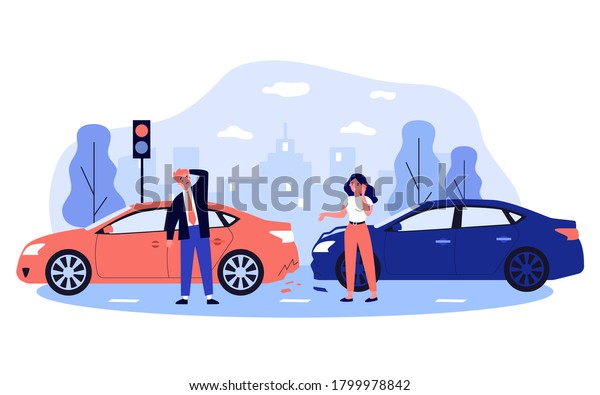 Car drivers in
accident on city street. Frustrated people talking on phone near
damaged vehicles on road. For car driving, emergency, road
incident, motor insurance
concept.