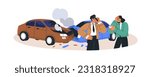 Car drivers calling for help after collision. Worried people stand near two autos damaged in road traffic accident. Transport vehicles emergency. Flat vector illustration isolated on white background