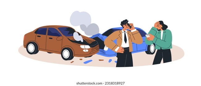 Car drivers calling for help after collision. Worried people stand near two autos damaged in road traffic accident. Transport vehicles emergency. Flat vector illustration isolated on white background