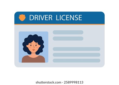 The car driver's ID card with a photo of a woman. Vehicle driver's identification card. Stamp, barcode, plastic identification card. Vector illustration in a flat style