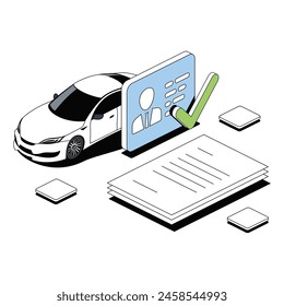 Car and driver's license, checkmark, documents. Vector 3d line isometric, color web icons, new flat style. Creative design idea for infographics.