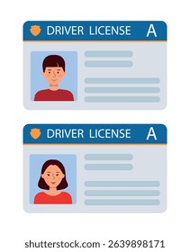 Car driver's license with a photo of a woman and a man, set. Identification card on a white background. Vector template of a plastic toy driver's license for the USA