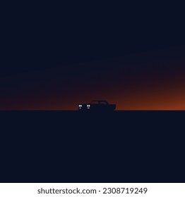 The car drives off into the sunset. The silhouette of the car against the background of a sunset or sunrise. Vector illustration.