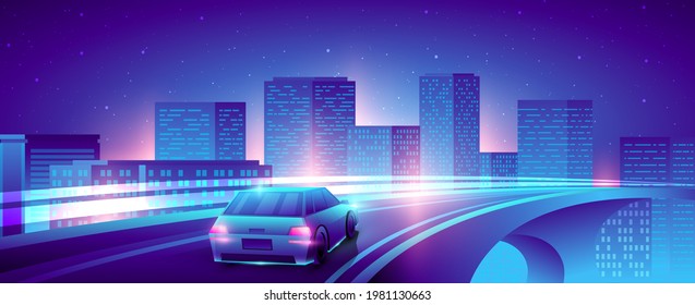 Car Drives On The Bridge. Night Neon City View.