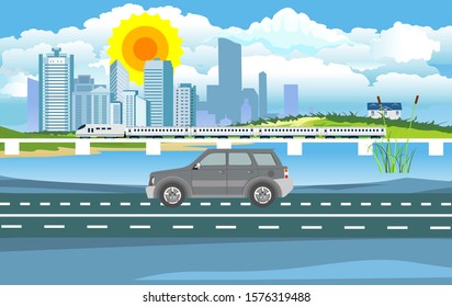Car drives on the road, train in the railroad, countryside landscape