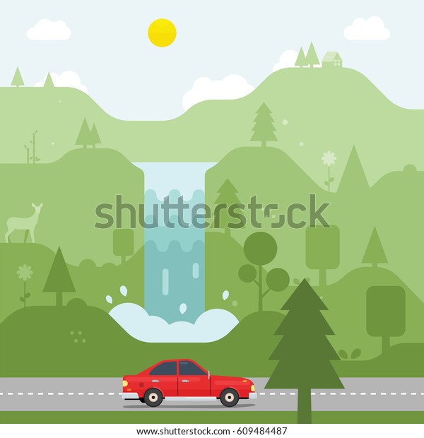 Car driving across the forest and waterfall in\
country road
