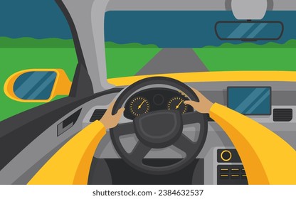 Car driving act in first person view - cartoon vector illustration for traffic rules