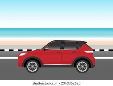 Car Driving along the Coastal Road Passing  Sea Beach or Ocean Beach. Holiday Summer Concept. Vector Illustration. 