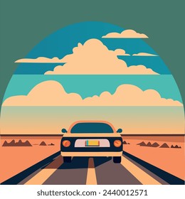 A car driving along a deserted road under a sky with clouds