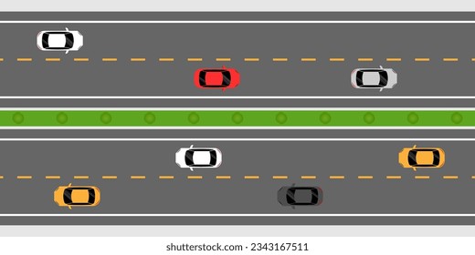 Car Driving along Highway or Asphalt Road Aerial Top View. Vector Illustration. 