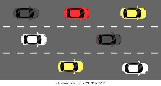 Car Driving along Highway or Asphalt Road Aerial Top View. Vector Illustration. 