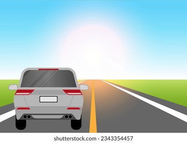 Car Driving along Highway or Asphalt Road. Vector Illustration. 