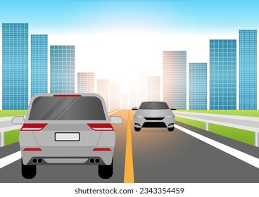 Car Driving along Highway or Asphalt Road. Vector Illustration. 