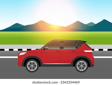 Car Driving along Highway or Asphalt Road. Vector Illustration. 