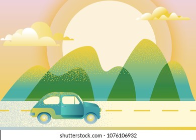 Car Driving Along Mountain Road, Vector Illustration. Abstract Summer Or Spring Green Valley Landscape. Automobile Travel, Trip Concept. Outdoor Tourism And Travel.