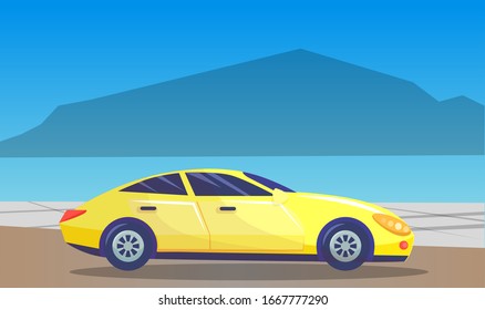 Car driving along mountains chain or cityscape in distance. Natural landscape with vehicle on road. Haze by street. Seascape with townscape. Skyline and moving transport. Vector in flat style