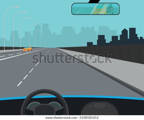 The car is driving along the road. cabin\
inside. driving training.\
\
Vector illustration of car driving\
safety concept. The car is driving on an asphalt road with a speed\
limit, a safe sign on the\
high