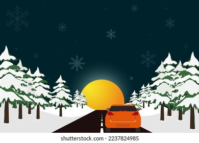 
The car is driving along the road through the forest. Winter background, travel