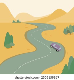 El coche está conduciendo a lo largo de una carretera sinuosa en las montañas. Una vista de pájaro. Un viaje panorámico a lo largo de sinuosos caminos de montaña. Ilustración vectorial, estilo plano