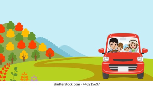 Car Driving in Autumn nature, Young Family  - Front view