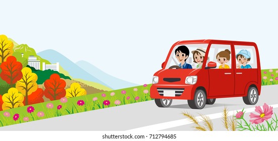 Car driving in the Autumn road  -Family