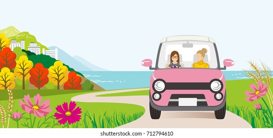 Car driving in the Autumn road, Front view  - Two women