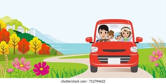 Car driving in the Autumn road, Front view -Family