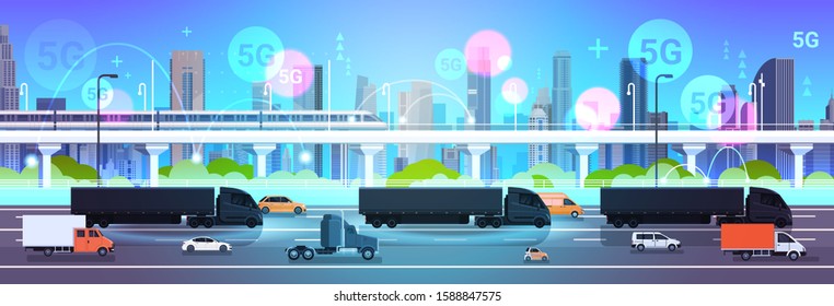 car driving city road 5G online wireless system connection concept modern cityscape background delivery logistics transportation horizontal vector illustration