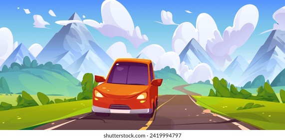 Carro conduciendo por la carretera de montaña. Dibujo vectorial de una carretera sinuosa con piedras y grietas, paisaje rocoso en el horizonte, hierba verde y árboles en el valle, nubes esponjosas en un cielo azul soleado