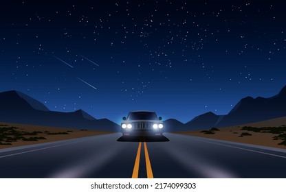 Car Driving In Desert Highway At Night Under The Starry Sky
