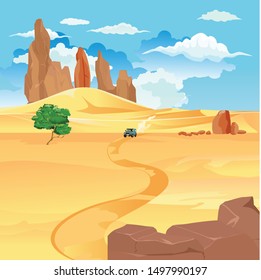  Car driving in desert road vector landscape