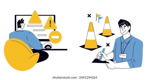 Car driving exam with the help of a qualified instructor and training lessons from a driving school, set of vector banners isolated on background. Driver's license exam.