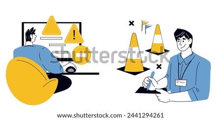 Car driving exam with the help of a qualified instructor and training lessons from a driving school, set of vector banners isolated on background. Driver's license exam.