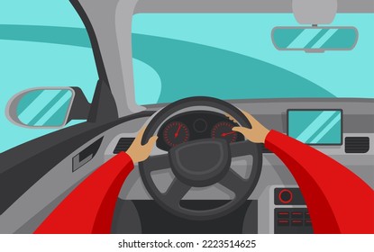 Car driving in first person view - cartoon vector illustration for traffic rules