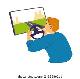 Juego de juegos para conducir en auto. Hombre jugando con monitor de juego panorámico y volante para control virtual. El disfrute y la satisfacción en el juego, el entretenimiento y el ocio divertido. Vector de estilo plano