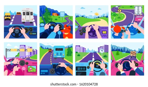 Car driving hands on steering wheel, autos dashboard, road view vector illustration set. Woman, man drivers hands. Traffic in city, nature, different transport. Dog, child, gps navigator inside car.
