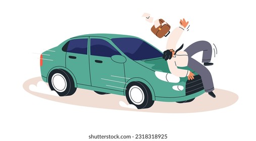 Car driving and hitting pedestrian on road. Injured man and transport vehicle emergency situation. Auto and person collision. Traffic accident. Flat vector illustration isolated on white background